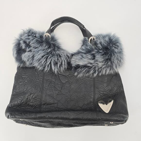Galaday Removeable Fur Detail Crinkle Leather Handbag Shoulder Purse Tote Black - Picture 1 of 16